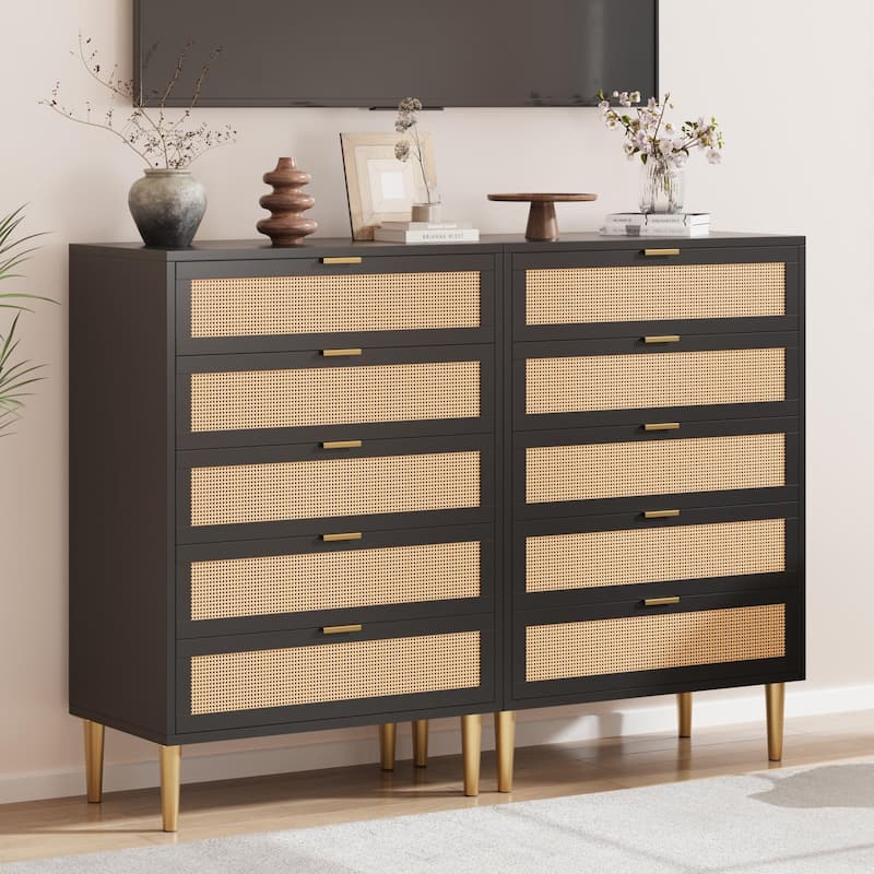 Rattan 5 Drawer Dresser, 44'' Tall Narrow Chest, Farmhouse Vertical Dresser with Metal Legs and Handles