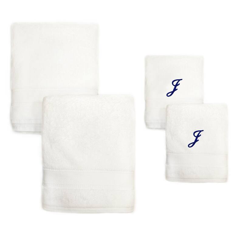 Sweet Kids 2-piece White Turkish Cotton Bath and Hand Towel Set with Royal Blue Monogrammed Initial - J - White