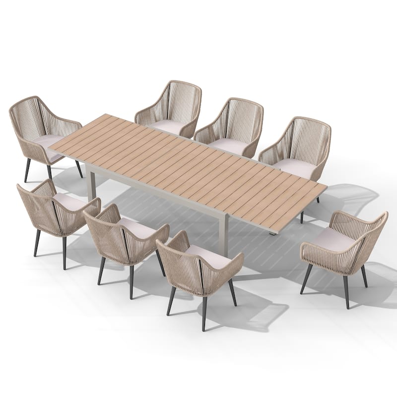 9-Piece Expandable Aluminum Patio Dining Set with PE Twisted Rattan Chairs & Polyester Cushions