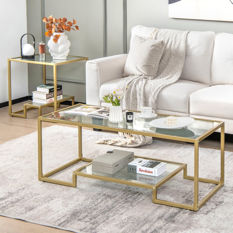 Costway Coffee Table Set of 3 Glass Modern Coffee Table & 2 Accent - See Details