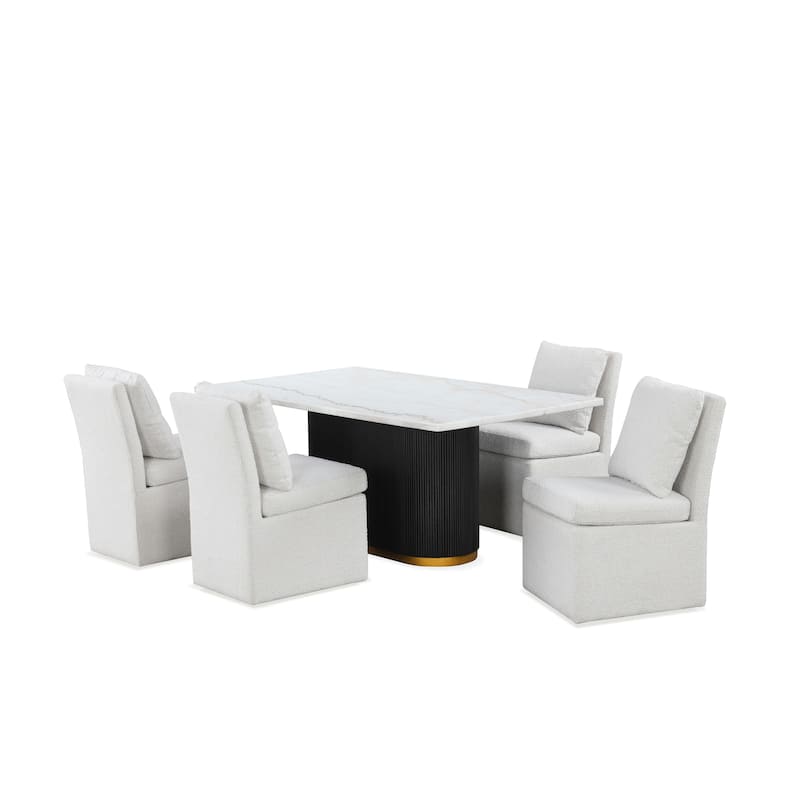 Furniture of America Torin Modern 5-Piece White Marble Top Dining Set with Boucle Upholstered Chairs