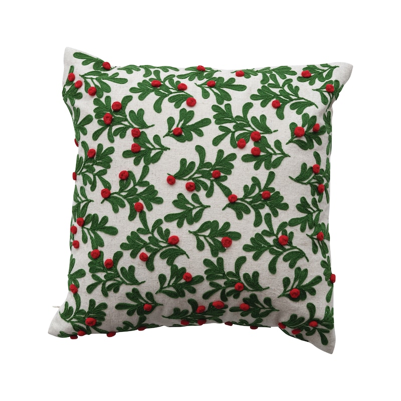 Cotton and Linen Pillow with Embroidered Mistletoe Pattern and Pom Poms - Natural;Green;Red