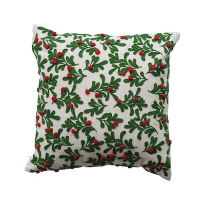 Cotton and Linen Pillow with Embroidered Mistletoe Pattern and Pom Poms
