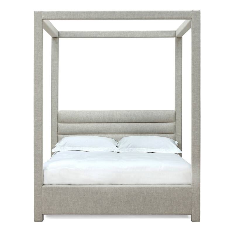 Riu Full Size Canopy Bed, Panel Headboard with Tufted Gray Linen Upholstery