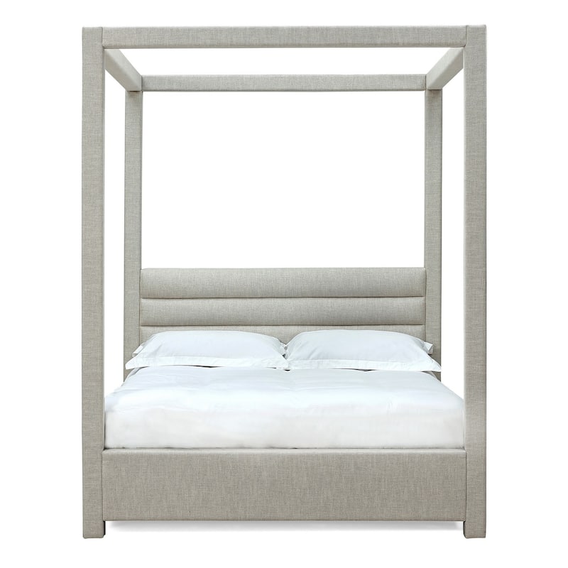 Riu Queen Size Canopy Bed, Panel Headboard, Tufted Gray Linen Upholstery