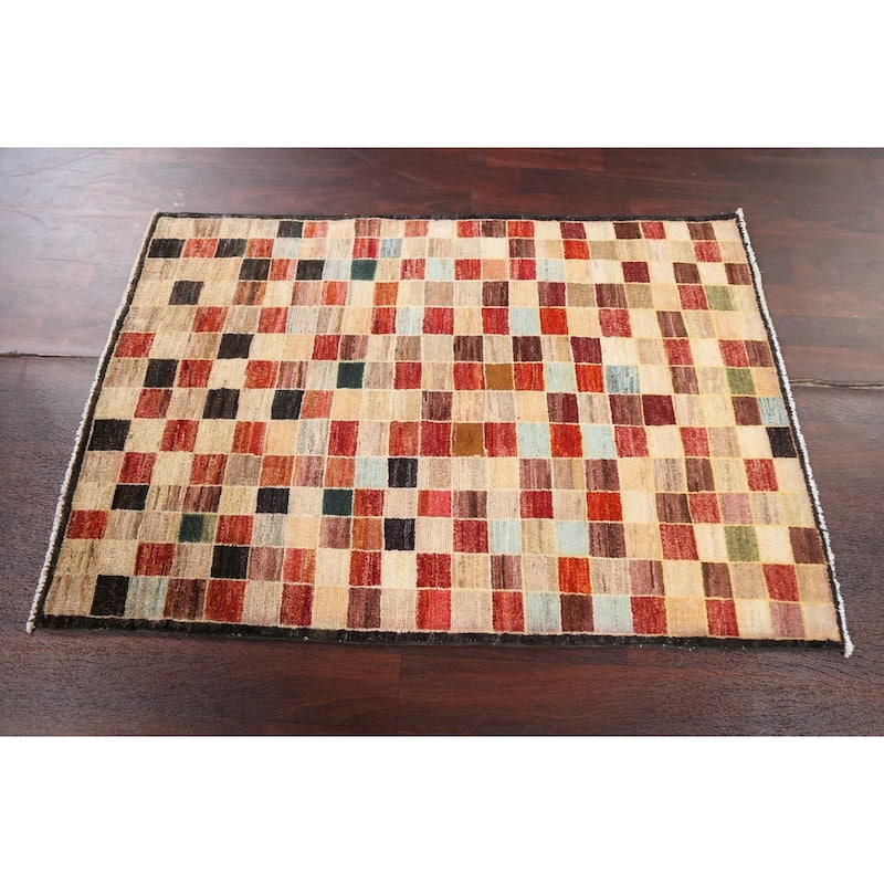 Checkered Gabbeh Kashkoli Oriental Area Rug Hand-knotted Wool Carpet - 3'4" x 4'10"