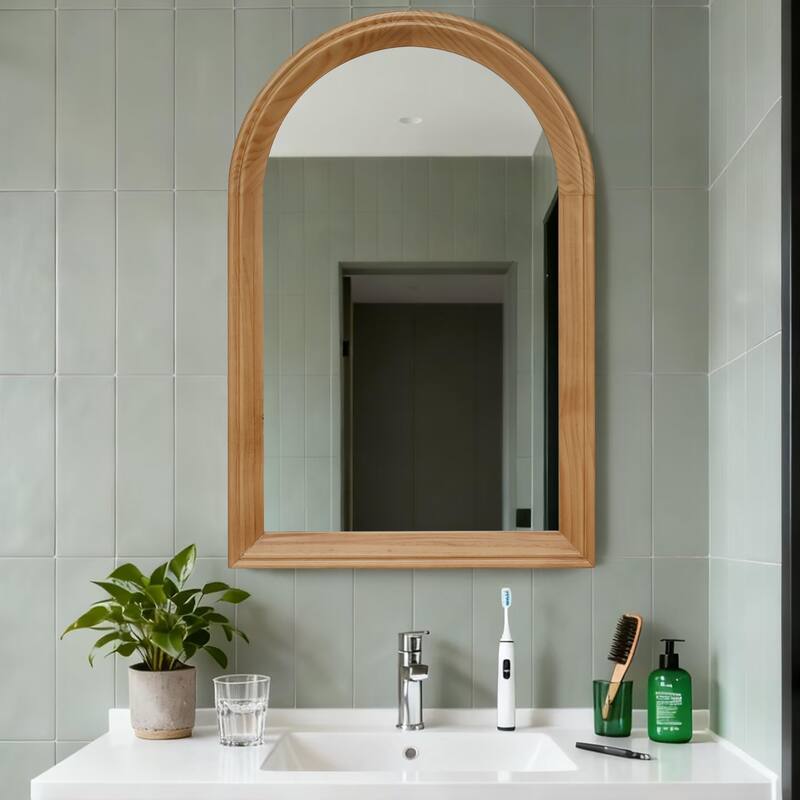 Arched Wood Framed Wall Mirror, 35.43" H x 23.62" W Rustic Decorative Mirror for Bathroom/Vanity/Living Room
