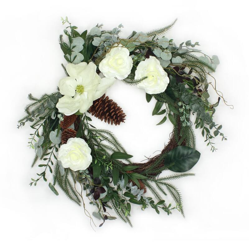National Tree Company 26 in. Mixed Greens and White Flowers Christmas Wreath - 26 in
