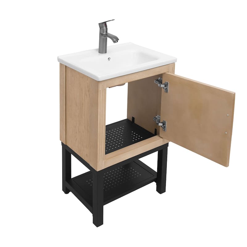 GDFStudio - CompactLine Modern Freestanding Bathroom Vanity with Ceramic Sink and Open Metal Shelf - 20 Inch