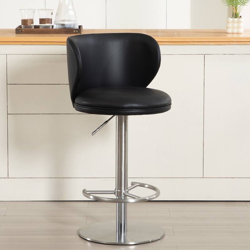 Modern Swivel Bar Stool, Black Leather with Titanium Stainless Steel Frame & Adjustable Height