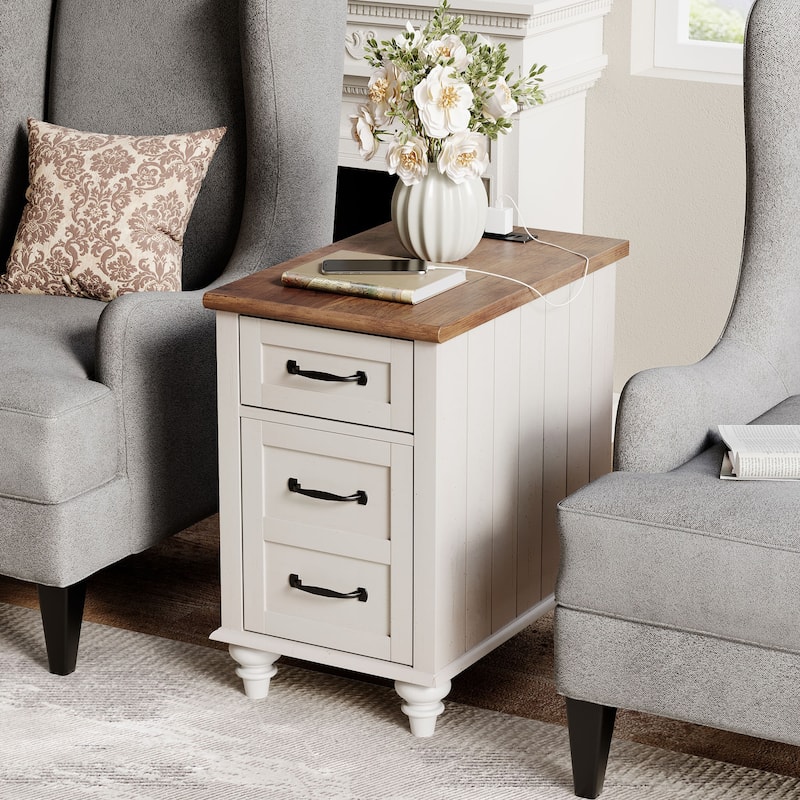 End Table with Charging Station, Side Table with Storage, 2 Power outlets & 2 USB Ports for Living Room - 1 Pack - Rustic White
