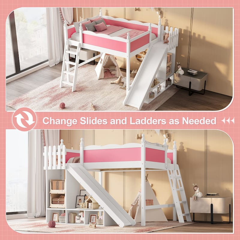 Full/Queen Loft Bed with Storage Shelves, Cabinet & Detachable Slide, Solid Wood Loft Bed with Ladders, No Box Spring