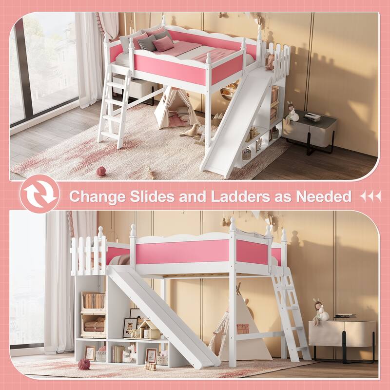 Modern High Loft Beds with Full Length Guardrails, Solid Wood Storage Loft Bed Frame with Detachable Slide and Ladders
