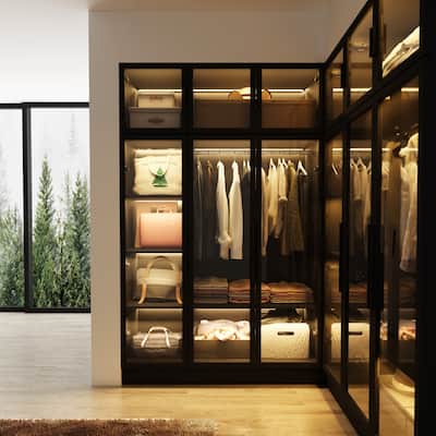 47.2" Wide Armoire LED Light All Glass Door Closet Cabinet Wardrobe