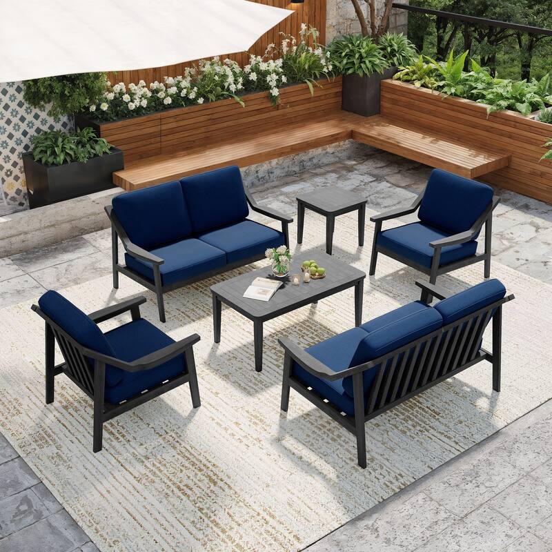 6-piece Wood Patio Chat Set Teak Conversation Set with Cushion - Navy - Black Wood