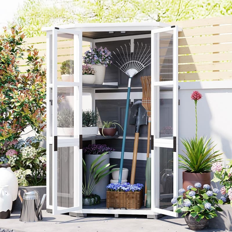 63'' Height Garden Wood Storage Cabinet Outdoor Tool Storage Shed, Mini Greenhouse Cold Frame