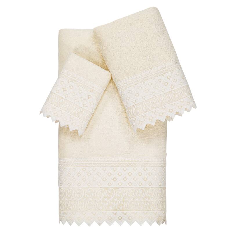 Authentic Hotel and Spa 100% Turkish Cotton Aiden 3PC White Lace Embellished Towel Set - Cream