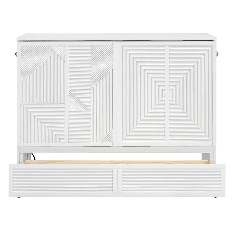 Wood Murphy Bed with Large Drawer, Murphy Cabinet with Foldable Panel, Living Room Murphy Cabinet Bed with USB Ports and Outlets