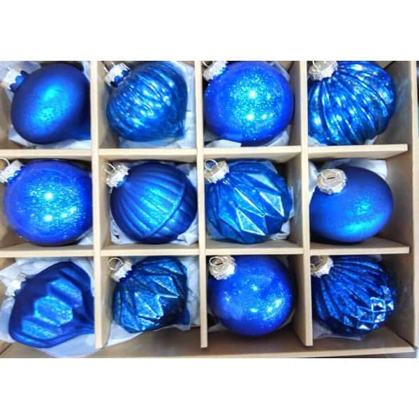 Blown glass Christmas bauble 80 mm purple blue rhinestones