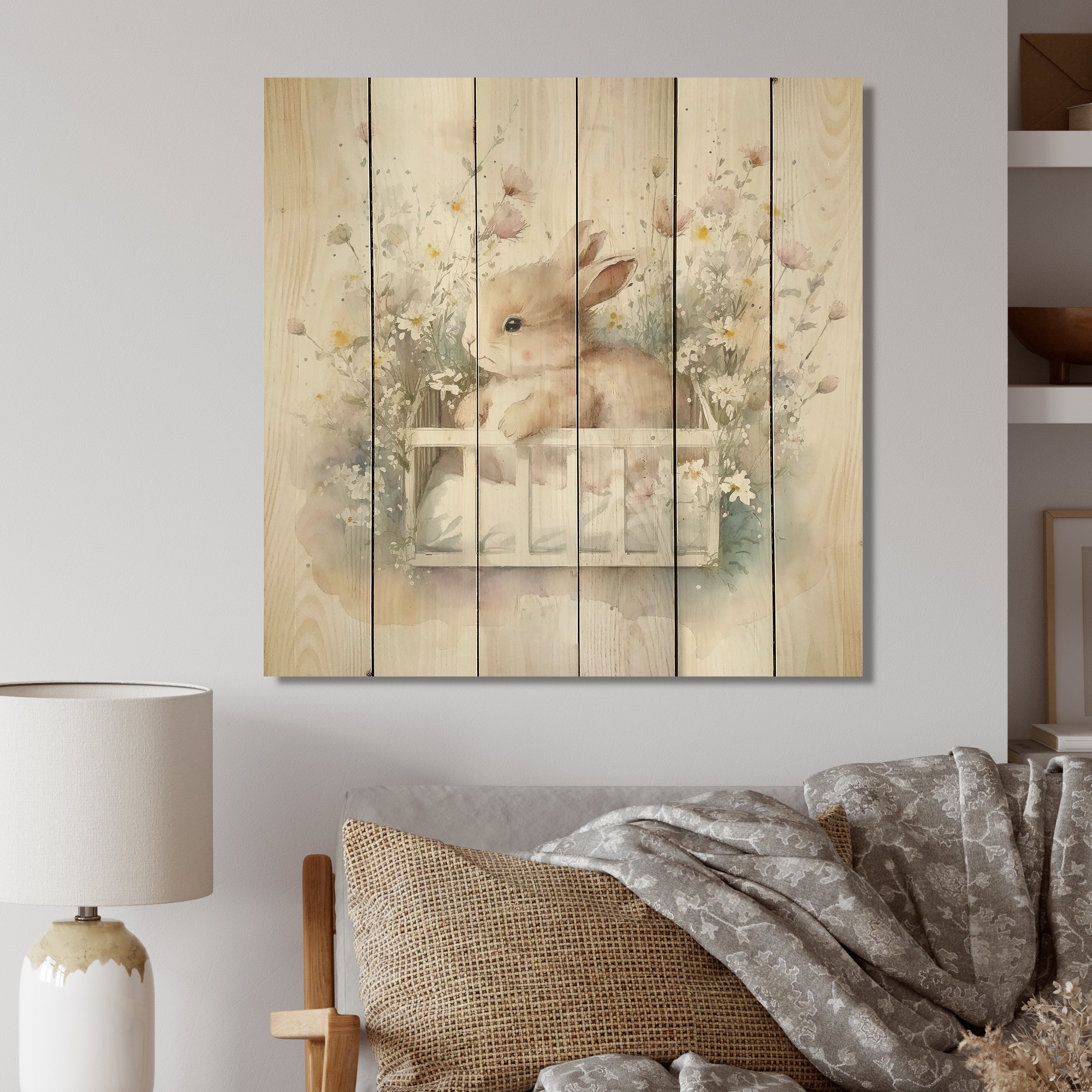 Designart 'Baby Bunny In Crib With Flowers I' Animals Rabbit Wood Wall Art - Natural Pine Wood