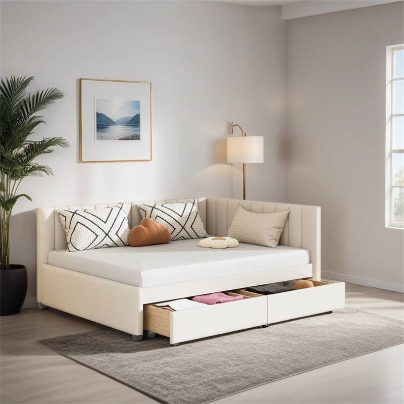 Full Size Upholstered Daybed with 2 Storage Drawers Sofa Bed Frame
