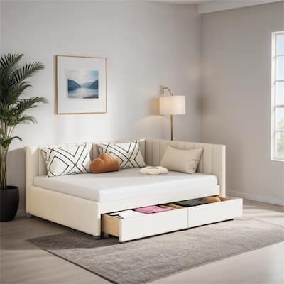 Full Size Upholstered Daybed with 2 Storage Drawers Sofa Bed Frame