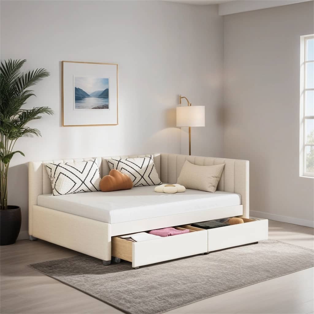 Full Size Upholstered Daybed with 2 Storage Drawers Sofa Bed Frame