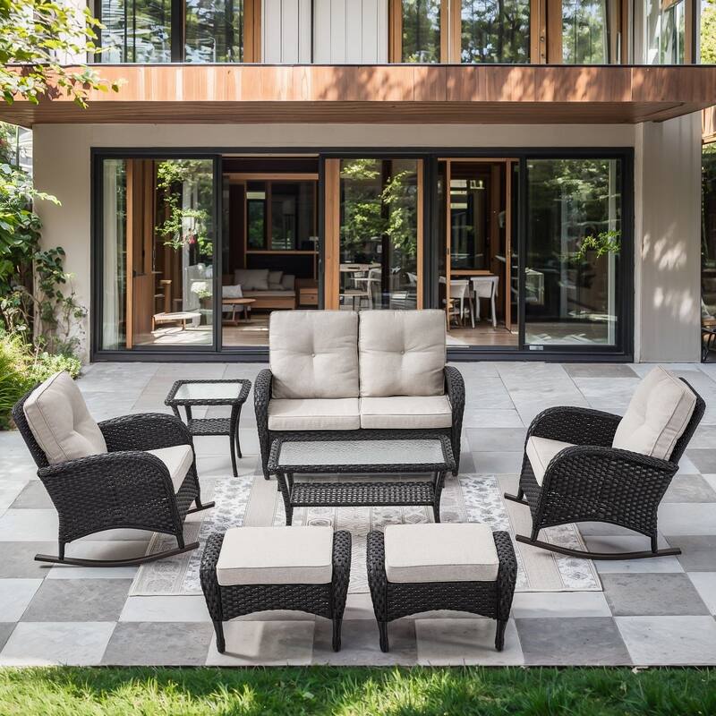 Gymojoy Outdoor Wicker Patio Furniture Loveseat Glider & Chair Set - Loveseat Set - included Rocking Chairs - Black Wicker / Beige Cusion