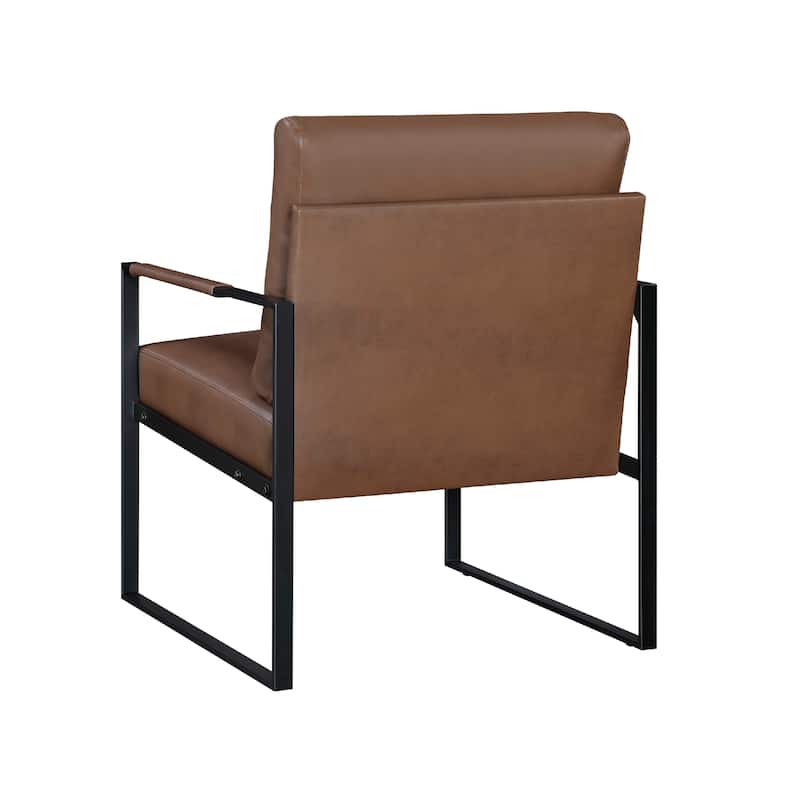 Mackie Accent Armchair, Dark Brown Faux Leather, Black Metal Frame