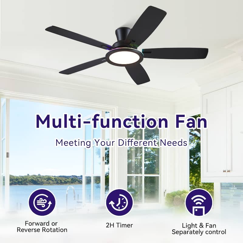 52/54 Inch Flush Mount Low Profile Ceiling Fan with Light,Remote and App Control