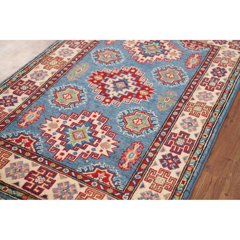 Blue Kazak Foyer Rug Handmade Geometric Wool Handmade Wool Carpet - 2'9" x 4'2"