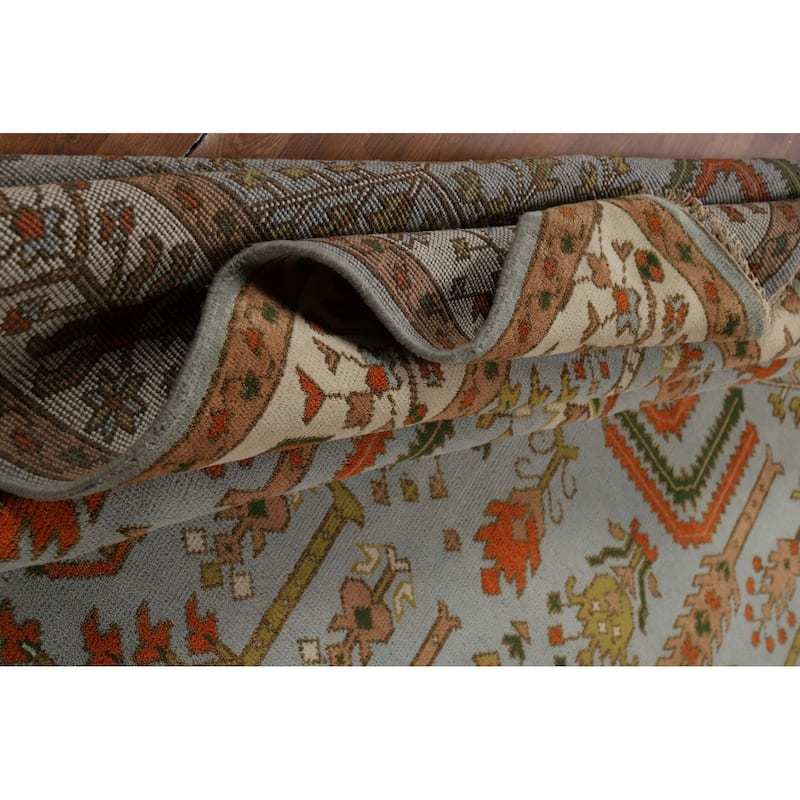 Light Blue Geometric Oushak Indian Area Rug Hand-Knotted Wool Carpet - 9'0"x 11'9"