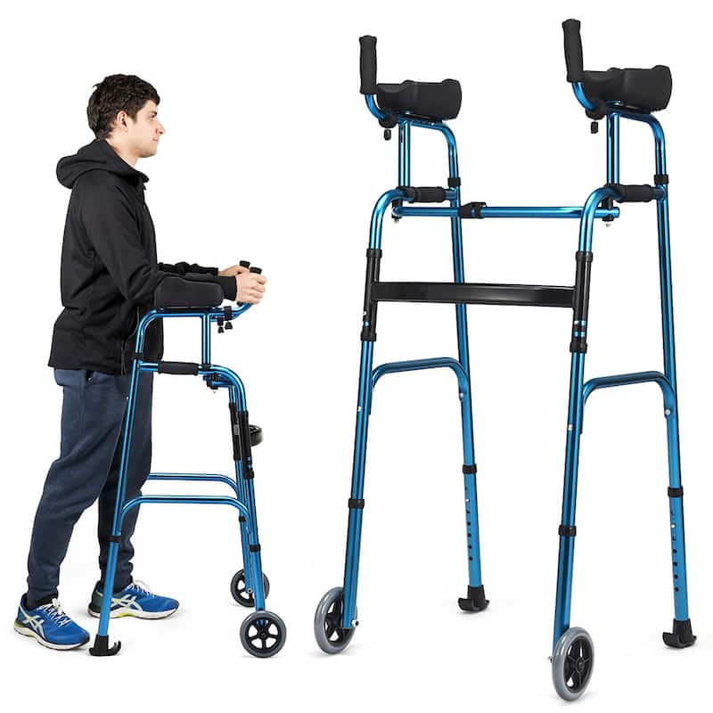 Costway Folding Wheel Walking Frame Adjustable Alloy Walker W/Armrest - See Details