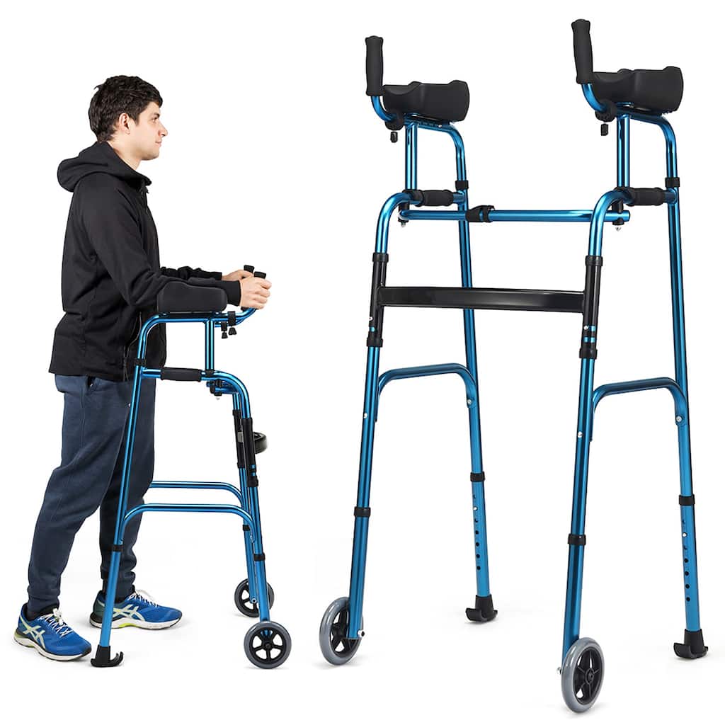 Costway Folding Wheel Walking Frame Adjustable Alloy Walker W/Armrest - See Details
