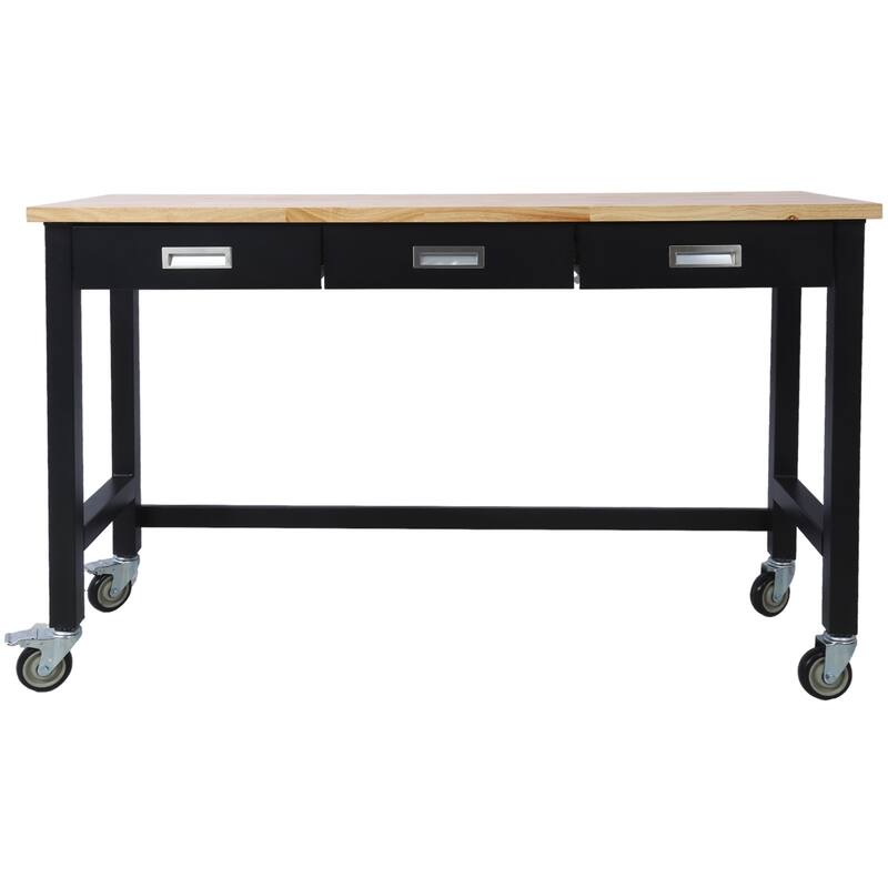 Bamboo Bench,Storage Workbench with Drawer, Wood Work Table with Wheels
