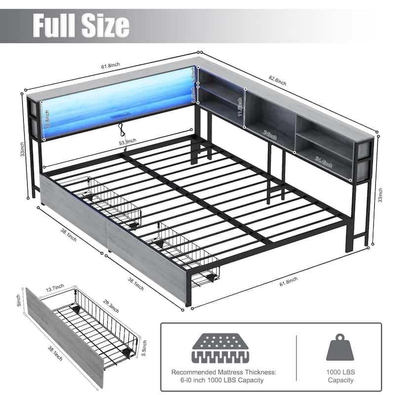 Kids Corner Bed with Storage, Twin/Full Daybed with Drawers, Bookcase Headboard with Charging Station & LED Lights
