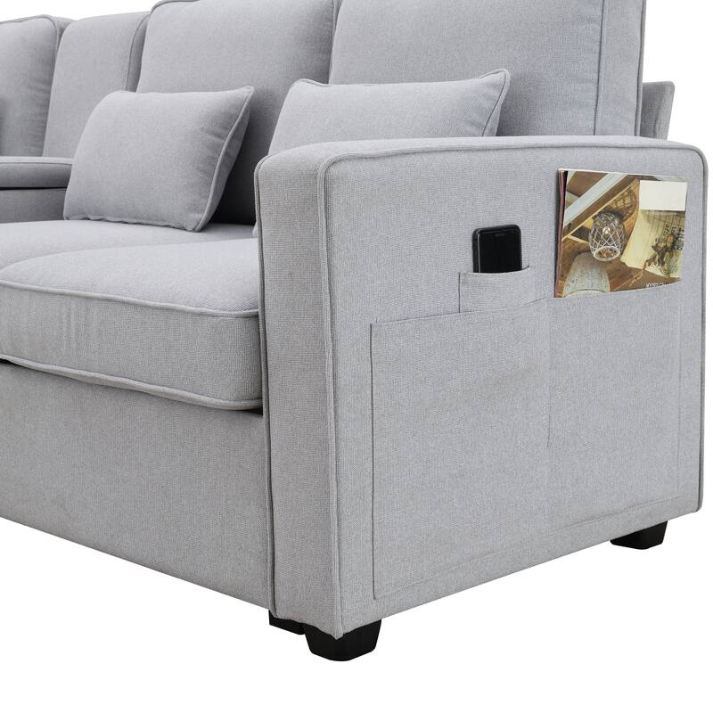 Modern 4 Seater Sofa with Sturdy Plastic Legs, Modern Linen Fabric Sofa with Armrest Pockets & 4 Pillows, Minimalist Style Couch