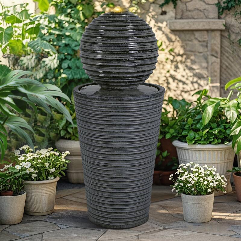 31.5"H Tall Striped Concrete Column Fountain-LED Light,Shadow Ambiance Maker for Modern Outdoor Spaces - Lighted