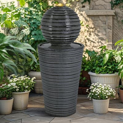 Christopher Knight Home - Victory 31.5"H Tall Striped Concrete Waterfall Fountain-LED Light for Modern Outdoor Spaces