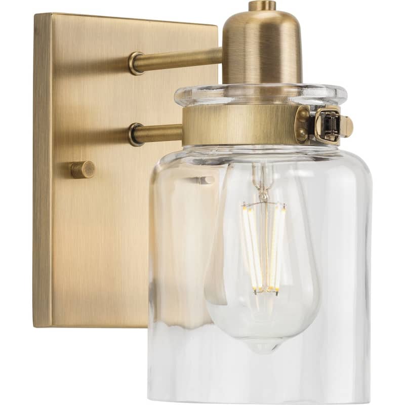 Calhoun Collection One-Light Vintage Brass Clear Glass Farmhouse Bath Vanity Light - 5 in x 6.875 in x 8.625 in