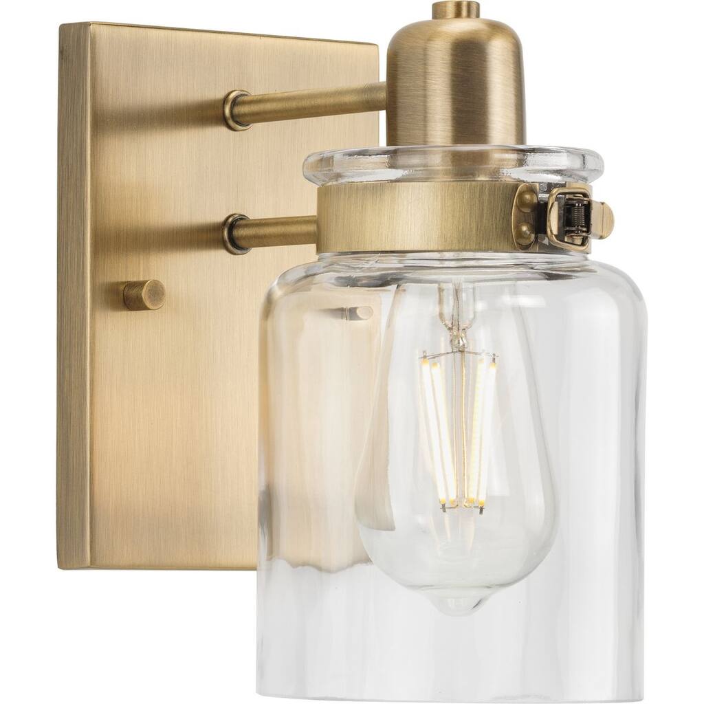Calhoun Collection One-Light Vintage Brass Clear Glass Farmhouse Bath Vanity Light - 5 in x 6.875 in x 8.625 in