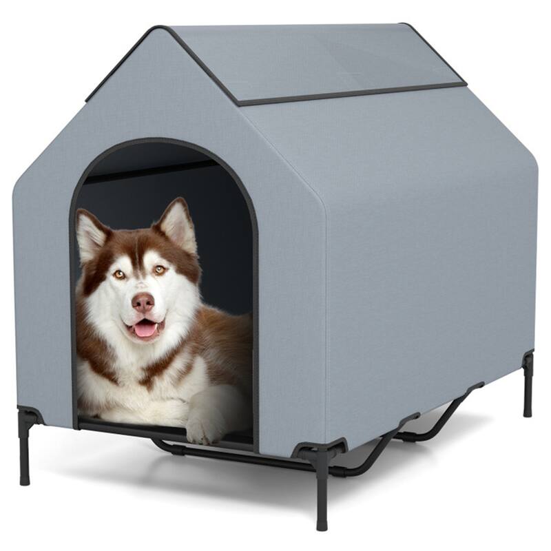 Portable Elevated Dog House with Waterproof Canopy and Ventilation Windows, Easy to Clean