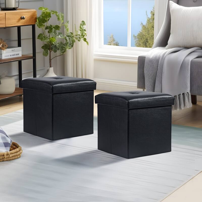 2 PC Storage Folding Ottoman, Storage Footrest Stool, Faux Leather Storage Bench Cube with Padded Seat for Small Space