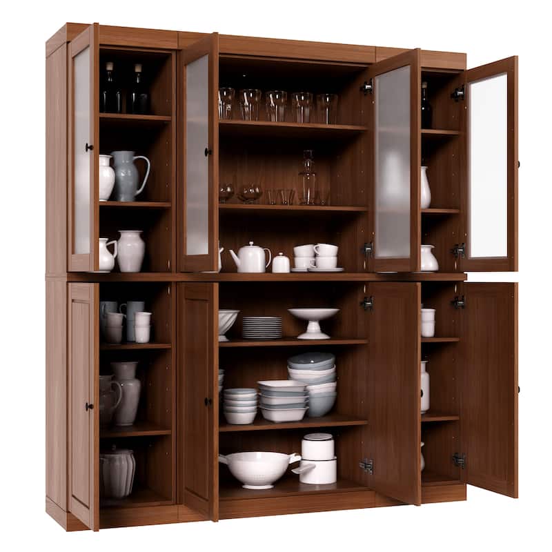 100% Solid Wood 65" Pantry China Cabinet with Solid, Frosted Glass Doors and Adjustable Shelves