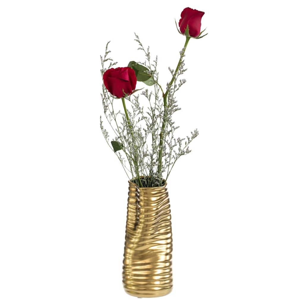 9-Inch Tall Ceramic Bent Melted Modern Style Sculpture Table Centerpiece Flower Vase, a Unique and Decorative Vase Gold Finish