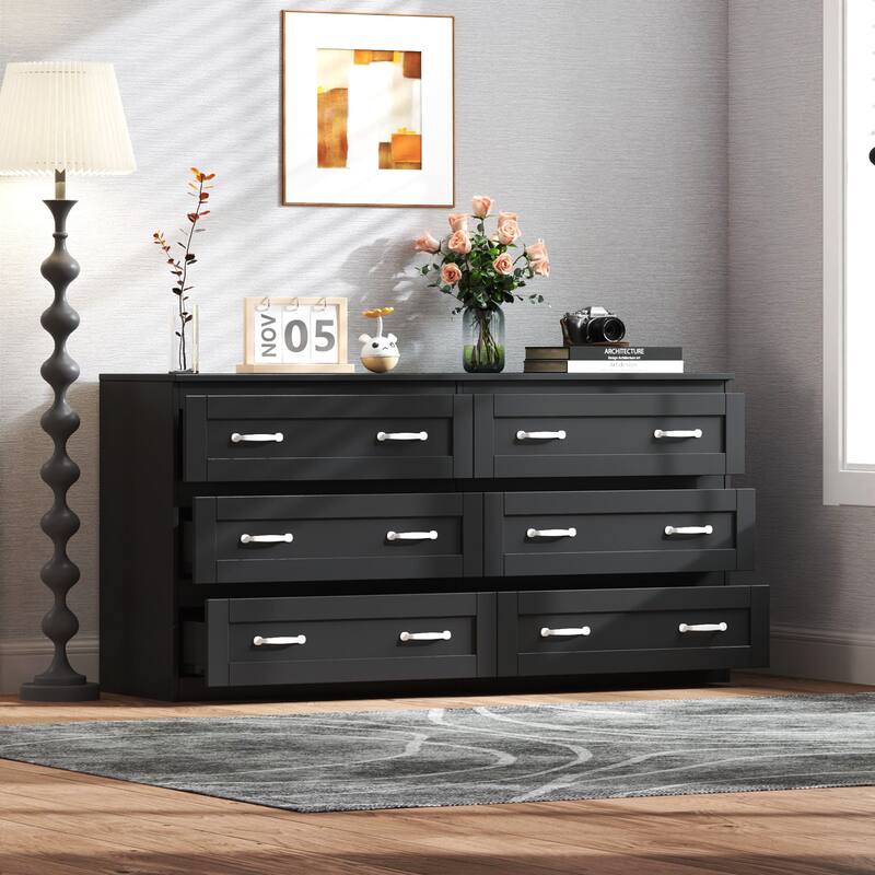Modern white side cabinet with 6 drawers , Wood Chest of Drawers with Metal Handle, Storage Organizer ，Bedroom or Hallway
