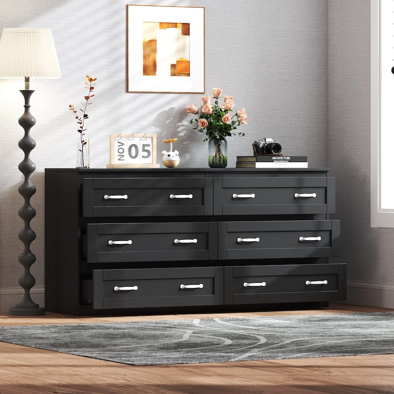 White Modern 6-Drawer Dresser – Wooden Storage Cabinet with Metal Handles, Versatile Organizer for Bedroom, Living Room.