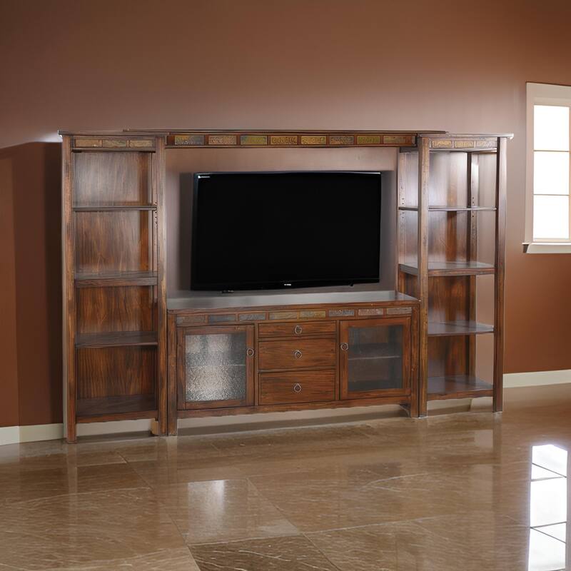 Odell TV Media Wall Entertainment Console with Shelves, Brown 108 Inch