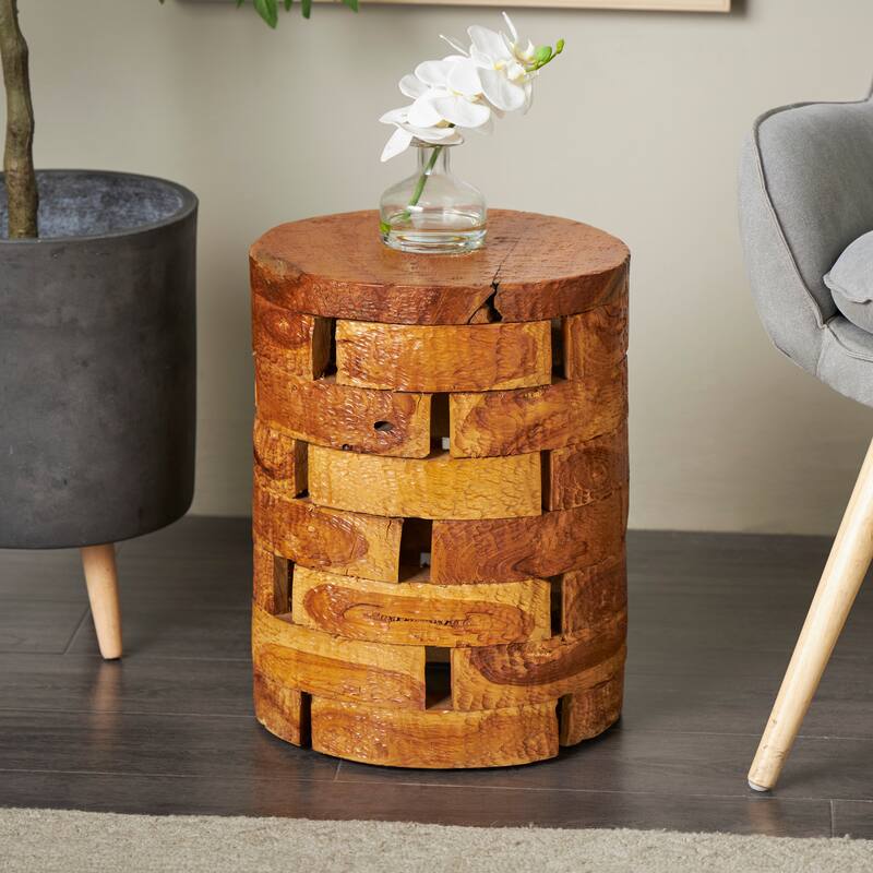 Teak Wood Drum Handmade Live Edge Accent Table with Brick Inspired Design - Brown or Light Brown - Roche River Decor