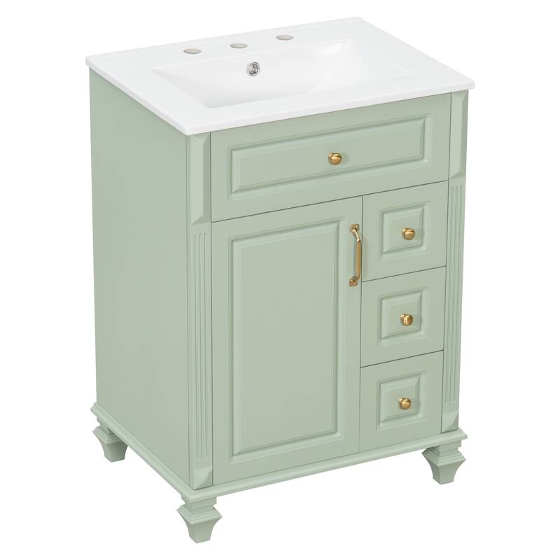 24" Freestanding Bathroom Vanity with Ceramic Sink, Flip-Out Drawer & 3-Drawer Cabinet, Solid Wood & MDF